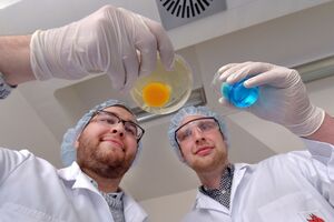 Die Doktoranden Martin Rabel und Paul Warncke (v.l.) untersuchen mit einem aufgeschlagenen Hühnerei und Kontrastmittel die Langzeiteffekte von magnetischen Nanopartikeln. (Jürgen Scheere/FSU)